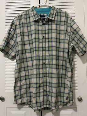 Prana Men's Teal and Cream Plaid Short Sleeve Button-Down Shirt
